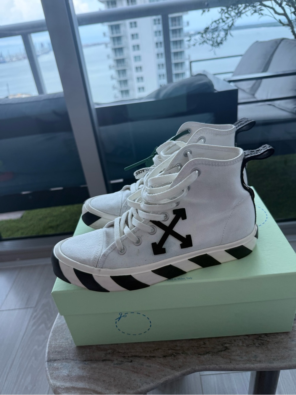 Off-White White Canvas Arrow High-Top Sneakers with Black Accents